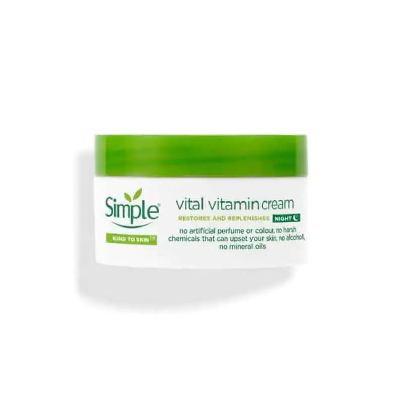 Open Simple Kind to Skin Vital Vitamin Night Cream 50ml tub revealing smooth white cream. - thumbnail