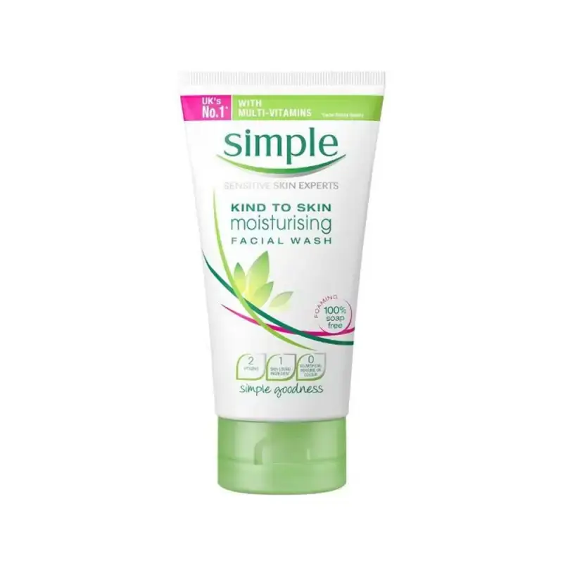Simple Moisturising Facial Wash 50ml in a white translucent bottle with green flip-top cap, front view. - thumbnail