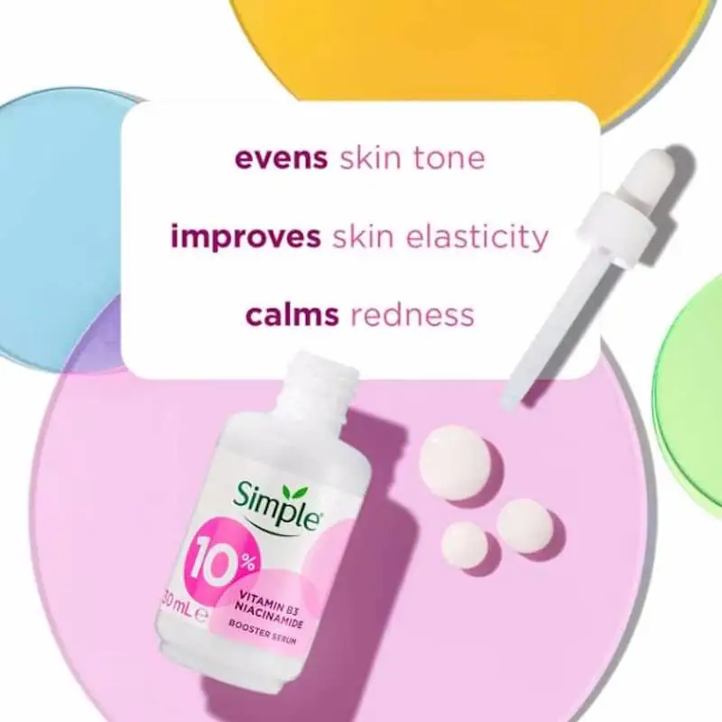 Simple Niacinamide Serum 30ml clear bottle lying horizontally, showcasing its white dropper cap. - thumbnail