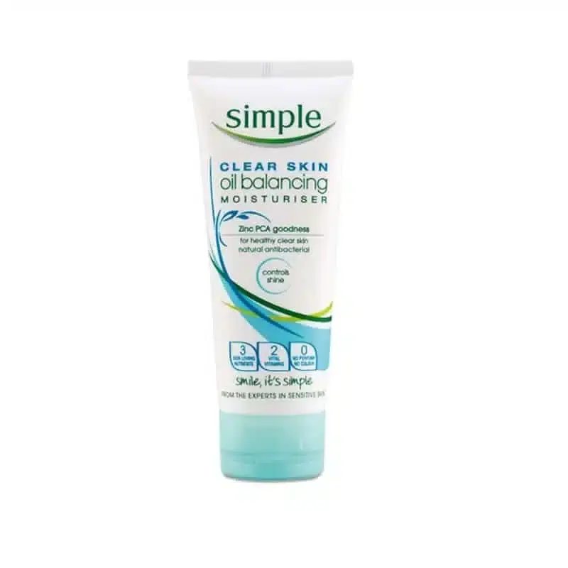 Simple's white oil-balancing moisturizer tube lying down, displaying its detailed back label. - thumbnail