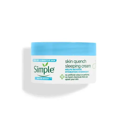 Simple Water Boost Skin Quench Sleeping Cream 50ml jar and box, with a refreshing water drop.