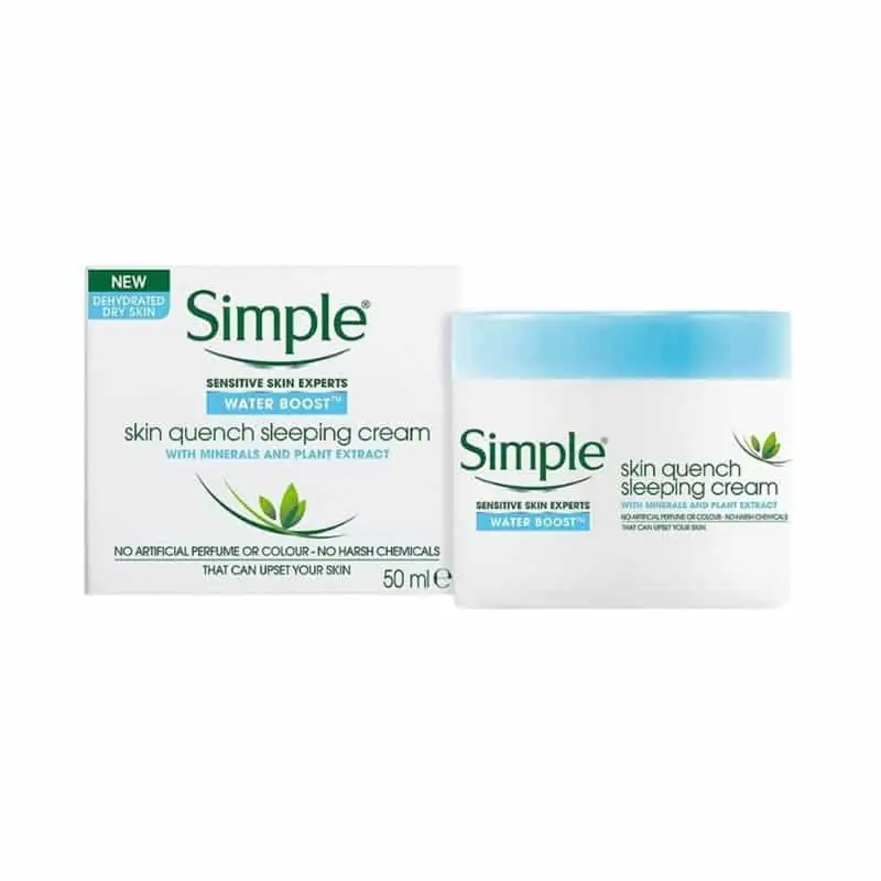 Side view of Simple Water Boost Skin Quench Sleeping Cream 50ml jar, showing product details. - thumbnail