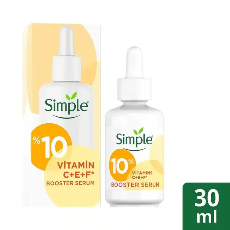 Simple Booster Serum 30ml, clear glass bottle with white dropper cap, showcasing Vitamin C formula. - thumbnail