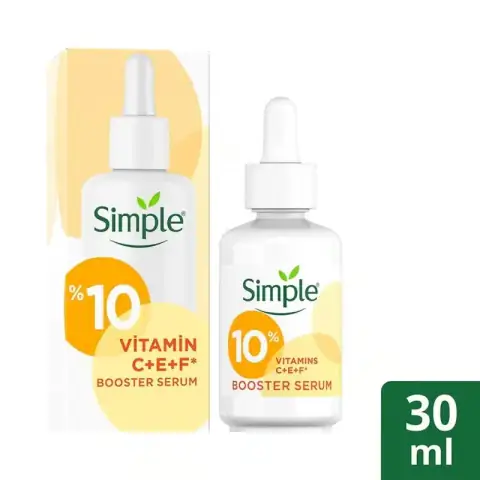 Simple Booster Serum 30ml, clear glass bottle with white dropper cap, showcasing Vitamin C formula.