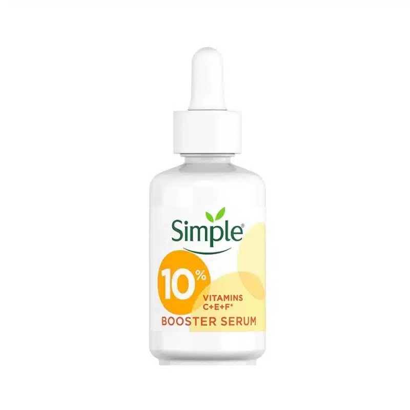 Simple Vitamin C+E+F Booster Serum bottle with white dropper dispensing a clear liquid drop. - thumbnail