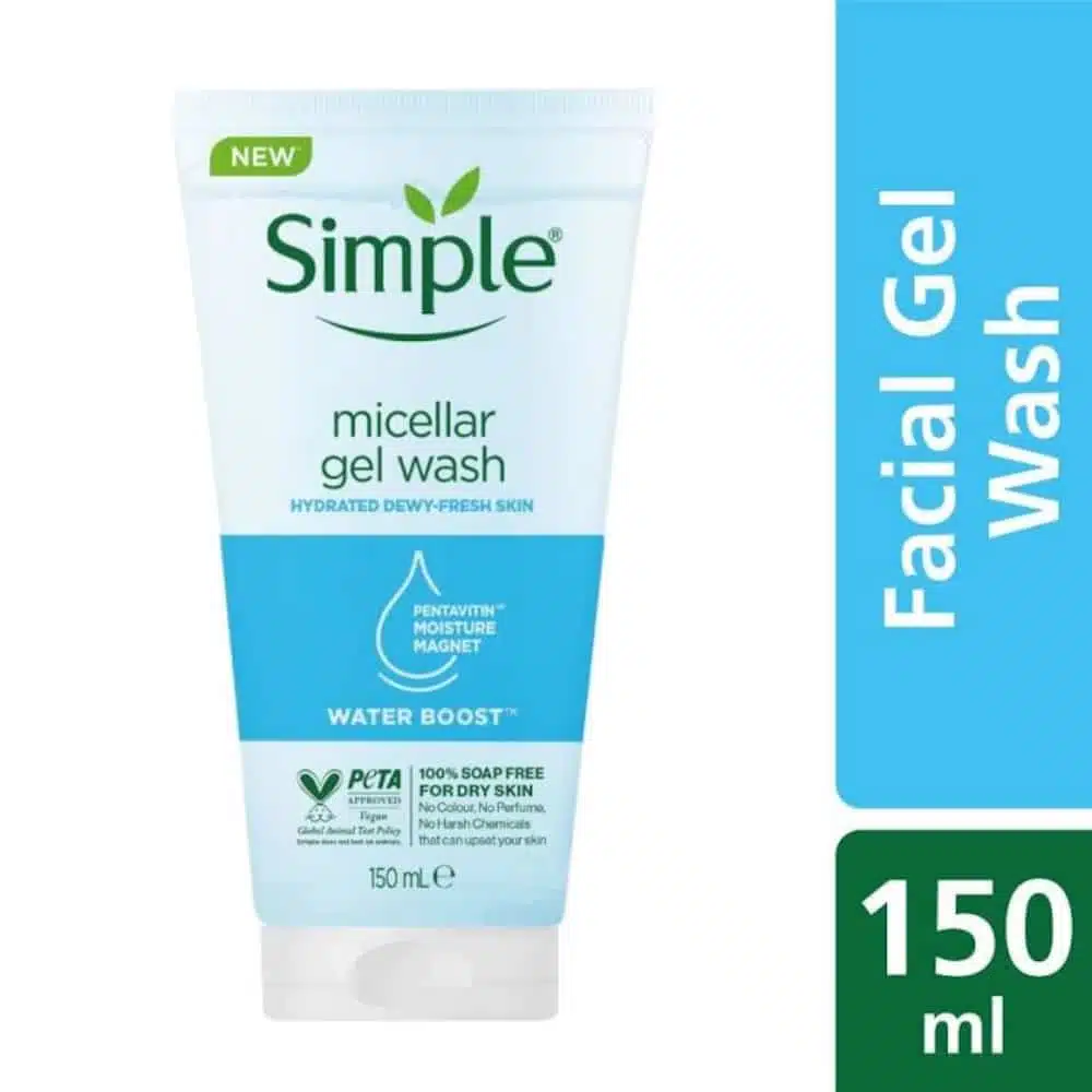 Simple Water Boost Micellar Facial Gel Wash 150ml, transparent blue bottle with white flip cap, front view. - thumbnail