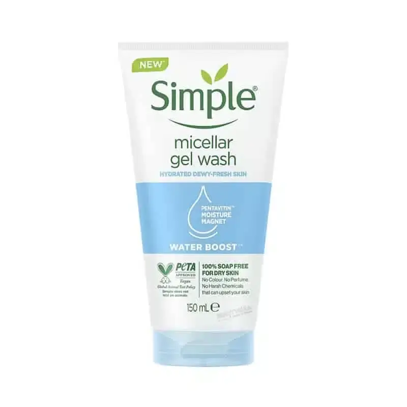 Two Simple Water Boost Micellar Facial Gel Wash 150ml bottles, transparent blue, displayed at a side angle. - thumbnail