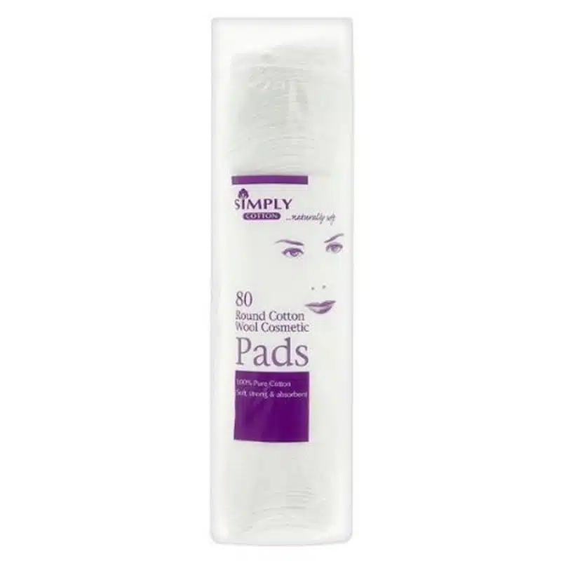 Simply Cotton Round Cosmetic Pads 80 pcs, visible through transparent packaging with blue branding. - thumbnail