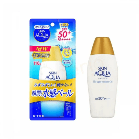 Skin Aqua UV Super Moisture Gel SPF50+ PA++++ 110g, white tube with blue cap, front view.
