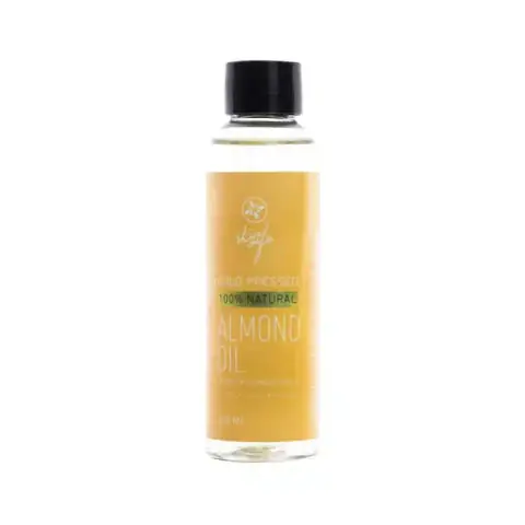 Skin Cafe 120ml sweet almond oil in a clear bottle with white-green label, angled slightly.
