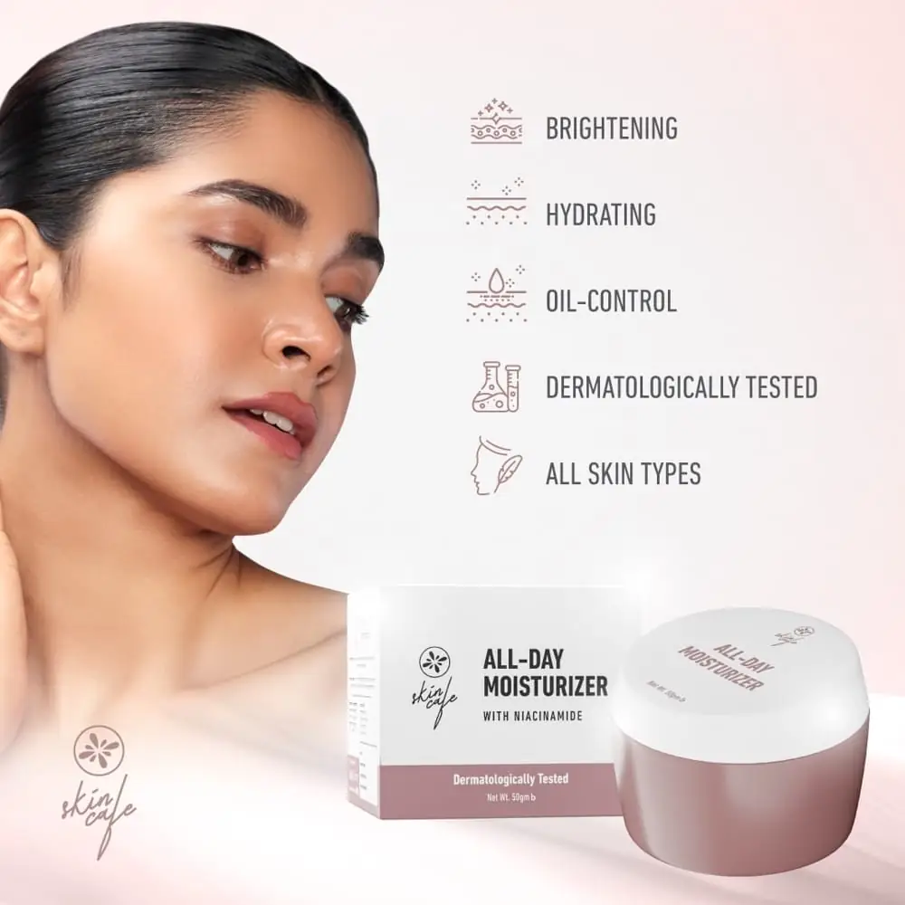 White Skin Cafe All Day Moisturiser with Niacinamide cream swatch on fingertips, showing texture. - thumbnail