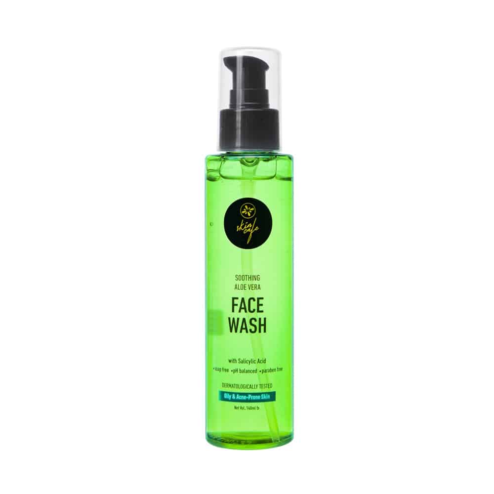 Skin Cafe Aloe Vera Facewash in a 140ml translucent green tube, standing upright on a white background. - thumbnail