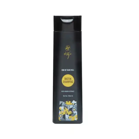 Skin Cafe Biotin Shampoo 250ml, dark maroon bottle with black pump, clear front view.
