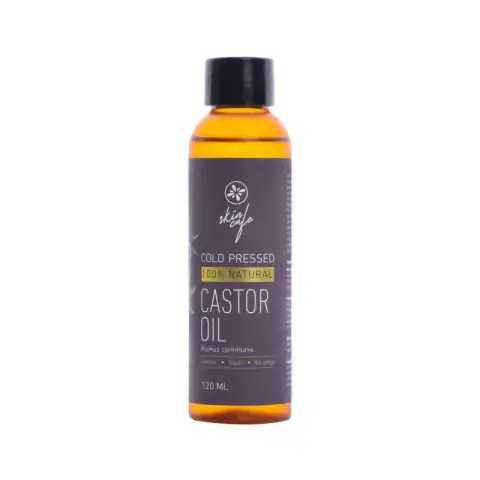 Skin Cafe 120ml pure castor oil in a clear bottle, with prominent white label and cap.
