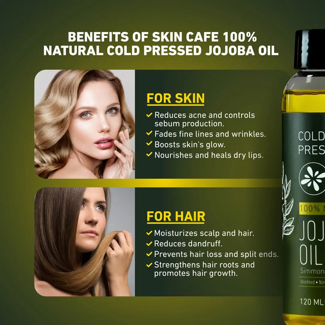 Skin Cafe Jojoba Oil bottle on wooden surface with natural green leaves, top view. - thumbnail