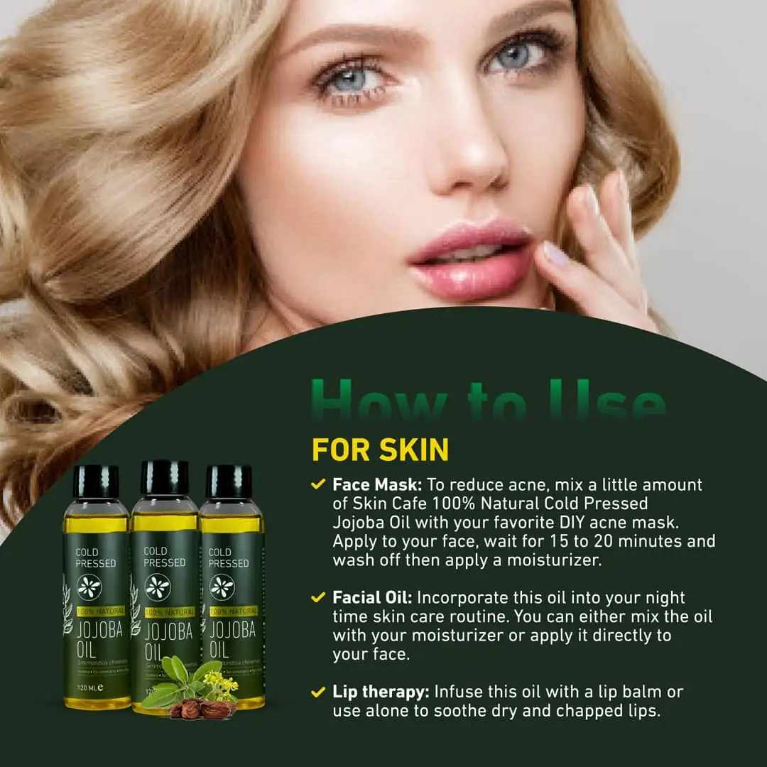 Close-up of Skin Cafe Jojoba Oil bottle label detailing "100% Natural" ingredients. - thumbnail