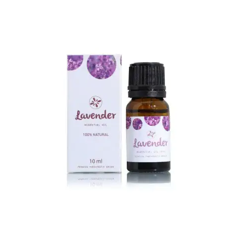 Skin Cafe Lavender Essential Oil 10ml bottle with purple label, black dropper, and white product box.