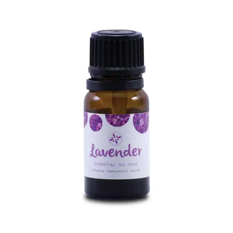 Skin Cafe 10ml Lavender Essential Oil bottle and its open white packaging box with lavender sprigs. - thumbnail