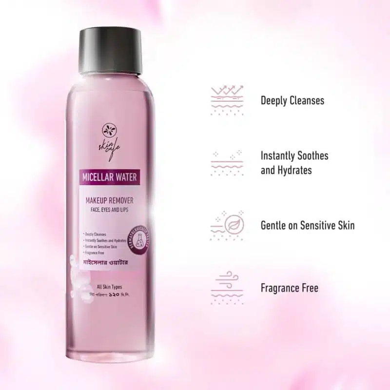 Skin Cafe Micellar Water 120ml clear bottle lying horizontally, showcasing its pink label. - thumbnail