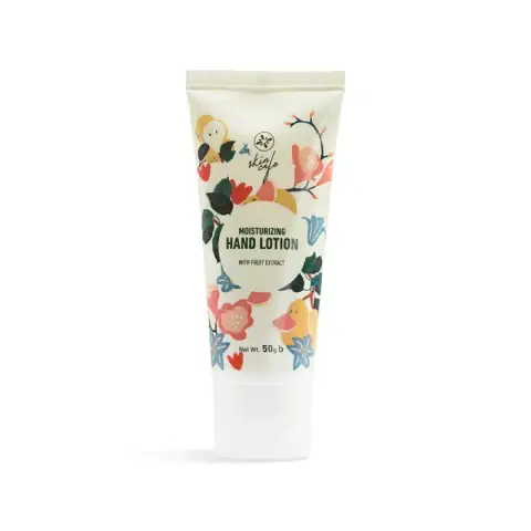 Skin Cafe 50ml moisturizing hand lotion, white tube with vibrant green branding, angled upright.