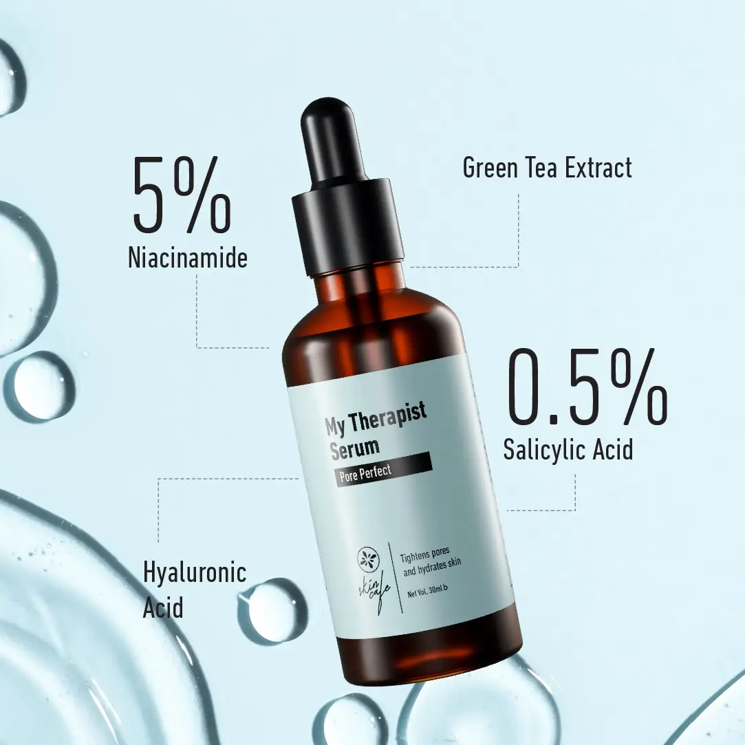 Skin Cafe My Therapist Serum Pore Perfect 30ml label, close-up on bottle's lower half. - thumbnail