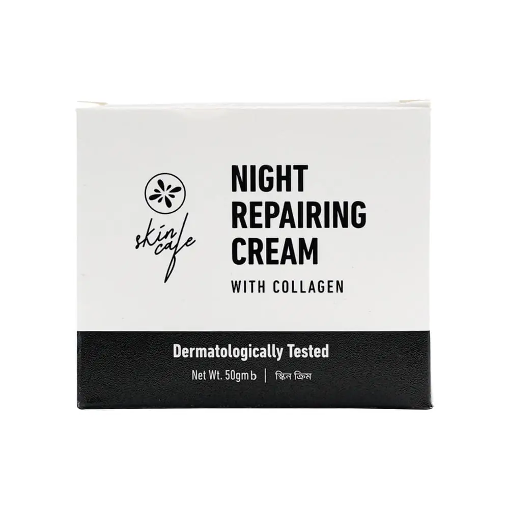 Open Skin Cafe Night Repairing Cream jar revealing smooth white collagen-infused cream inside. - thumbnail