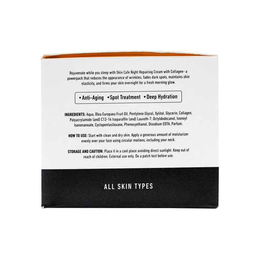 Close-up side view of Skin Cafe Night Repairing Cream's white jar, showing label details. - thumbnail