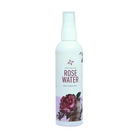 Skin Cafe Rose Water 120ml face and body mist bottle, clear with pink liquid and brand label.