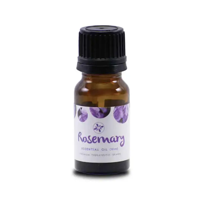 Skin Cafe Rosemary Essential Oil 10ml amber bottle displayed with a fresh green rosemary sprig. - thumbnail