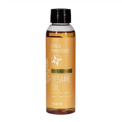 Skin Cafe 120ml 100% pure sesame oil in a clear bottle with green flip cap.