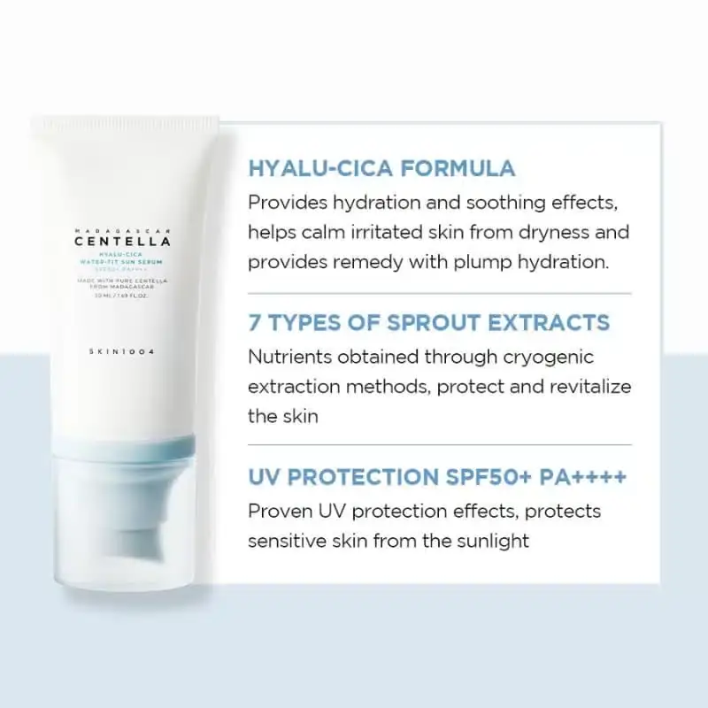 Skin1004 Centella Hyalu-Cica Water-Fit Sun Serum tube and its complementary protective product box. - thumbnail