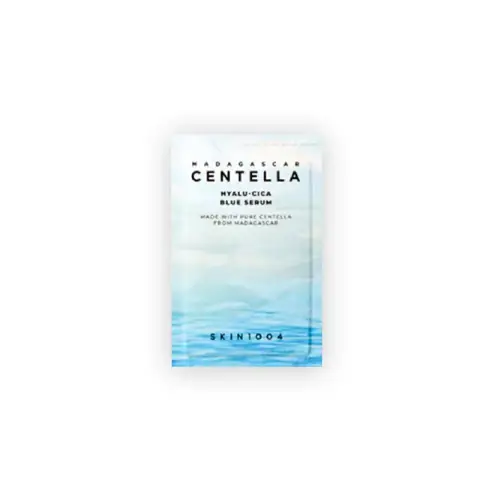 SKIN1004 Madagascar Centella Hyalu-Cica Blue Serum 1.5ml sachet, white and blue packaging.