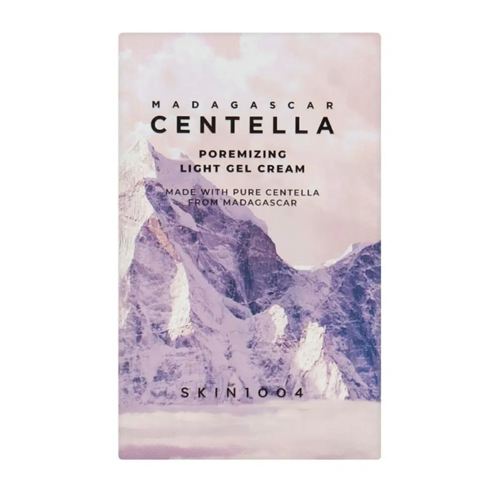 Skin1004 Madagascar Centella Poremizing Light Gel Cream 1.5ml sample sachet, light blue with leaf graphic.