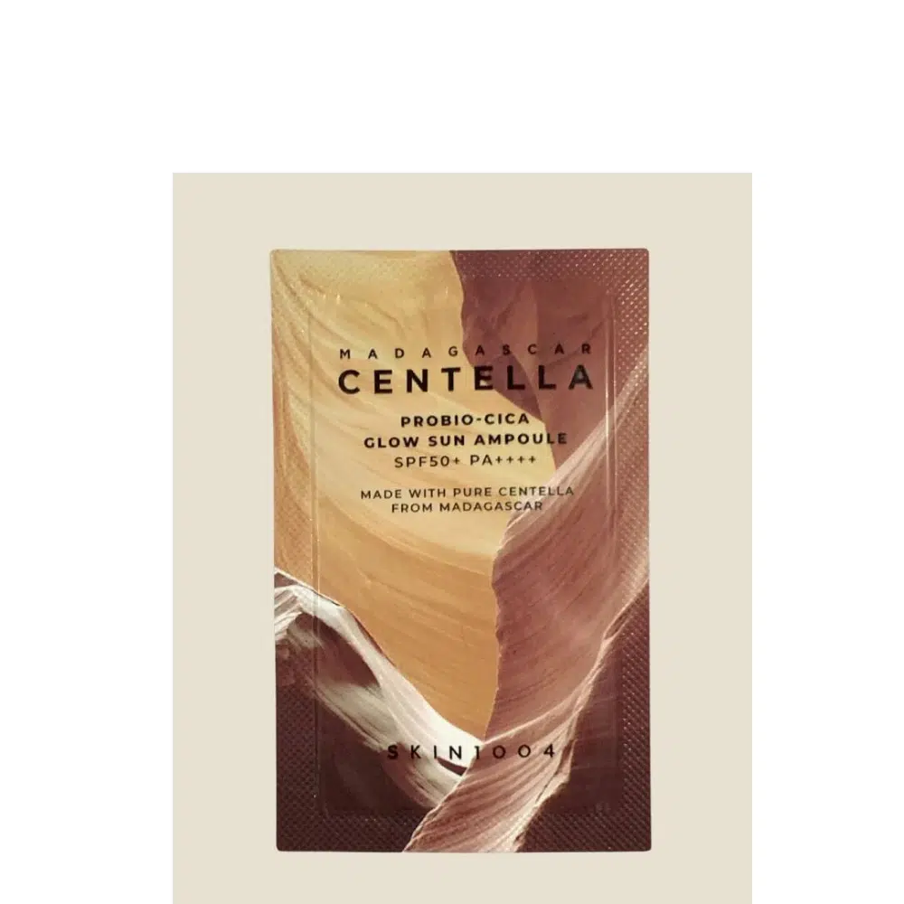 White SKIN1004 Madagascar Centella Probio-Cica Glow Sun Ampoule sachet, SPF50+, 1.5ml size.