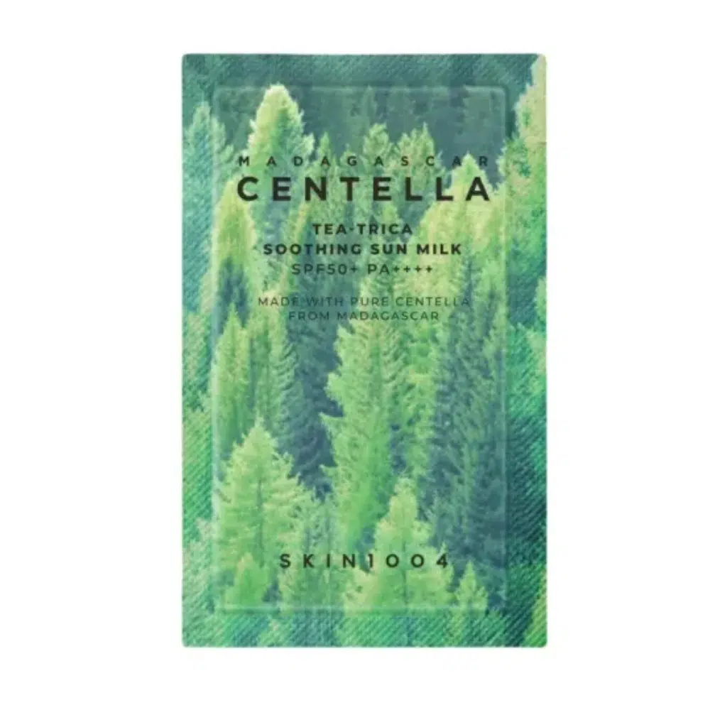 Upright Skin1004 Madagascar Centella Tea-Trica Soothing Sun Milk 1.5ml white sample sachet, green accents.