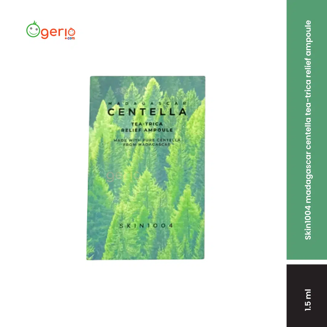 Skin1004 Tea-Trica Relief Ampoule in clear glass bottle with light liquid and green dropper cap.