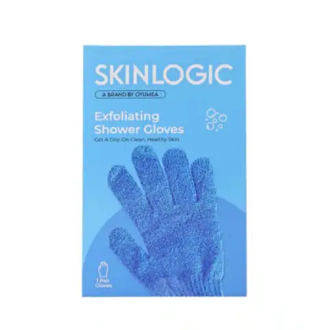 Skinlogic blue exfoliating body gloves, neatly folded, showcasing their textured fabric on a white background.