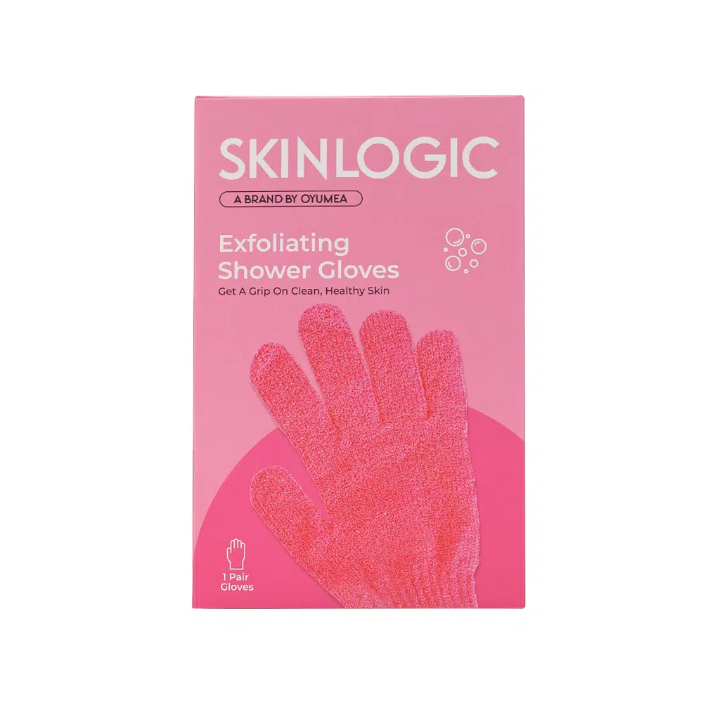 Skinlogic pink exfoliating body gloves, a pair, neatly folded showing textured material for smooth skin. - thumbnail