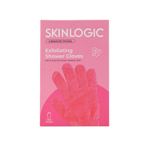Skinlogic pink exfoliating body gloves, a pair, neatly folded showing textured material for smooth skin.