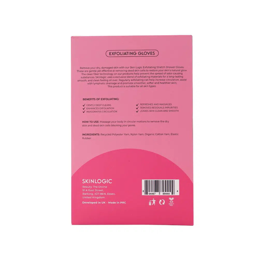 Pink Skinlogic exfoliating body glove worn on a hand, showcasing its textured surface for bath. - thumbnail