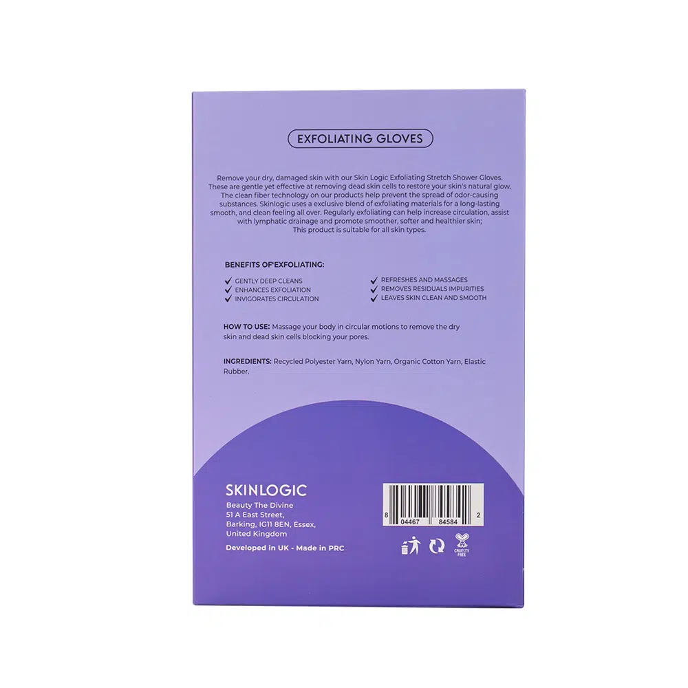 Close-up of a Skinlogic purple exfoliating body glove highlighting its woven texture and cuff. - thumbnail