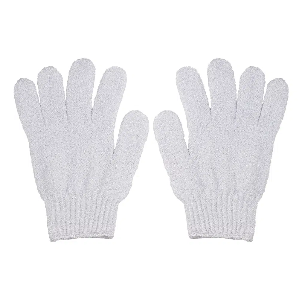 Skinlogic purple exfoliating body glove being worn on a hand, demonstrating usage for skin. - thumbnail