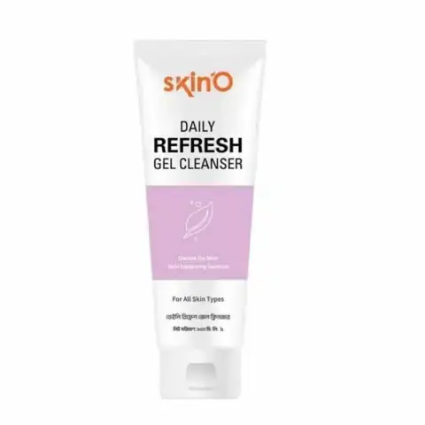 SkinO Daily Refresh Gel Cleanser 100ml, a clear bottle with pump, standing on white.