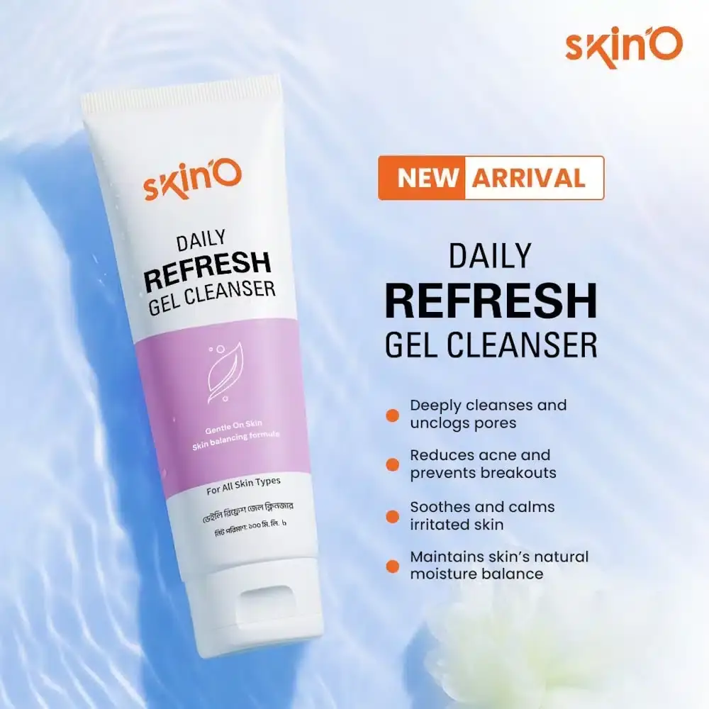 SkinO Daily Refresh Gel Cleanser's clear gel dispensed onto fingertips, highlighting its fresh texture. - thumbnail