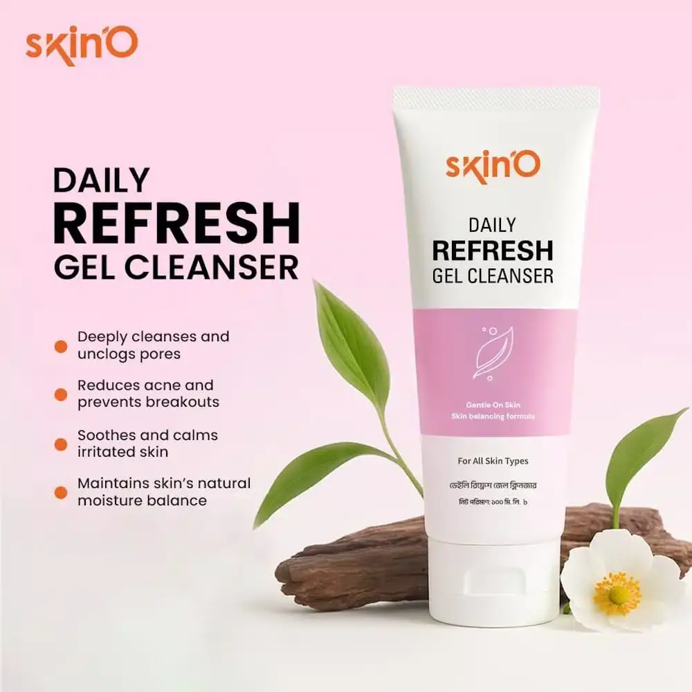 Two SkinO Daily Refresh Gel Cleanser 100ml bottles, one upright and one horizontally positioned. - thumbnail