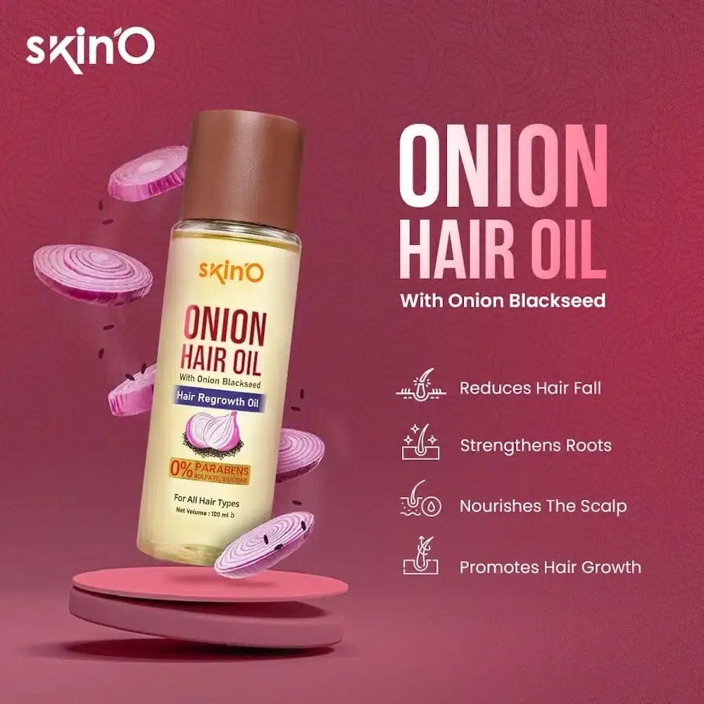 Two SkinO Onion Hair Regrowth Oil 100ml bottles, showing front and back packaging details. - thumbnail