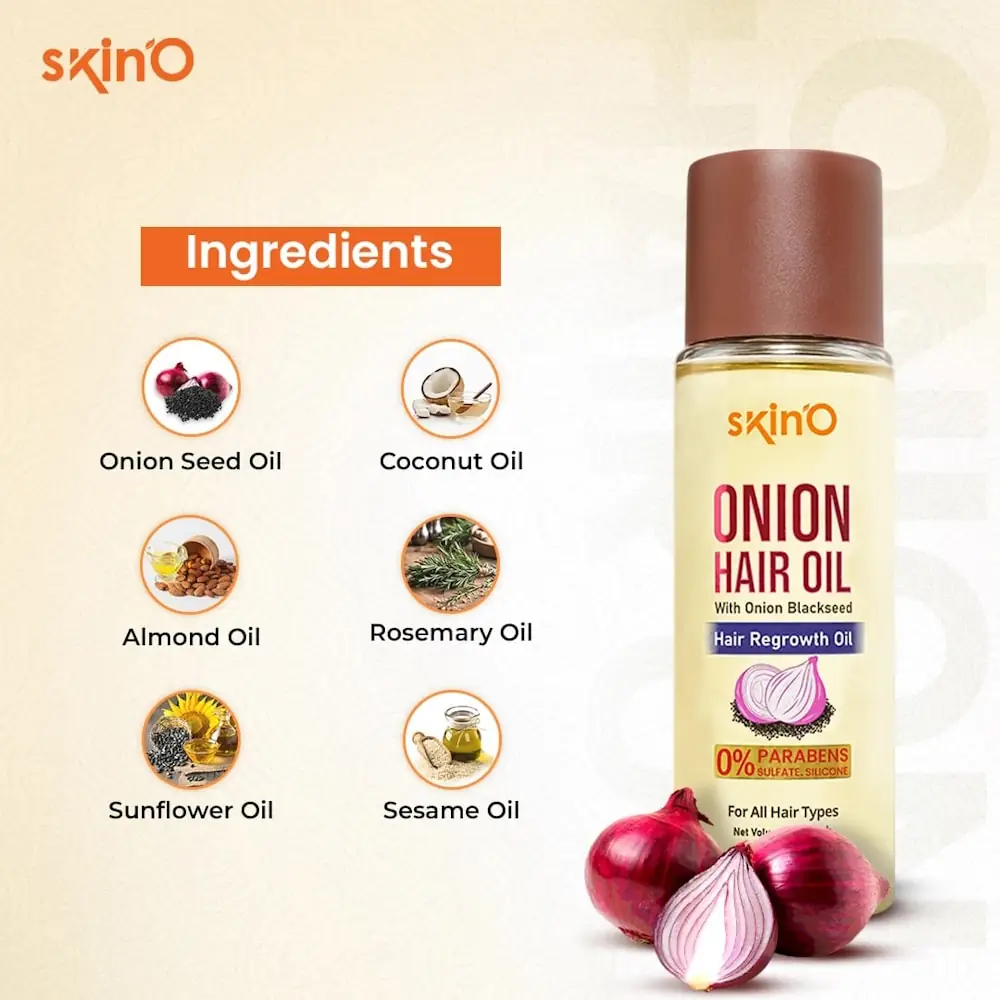 Close-up of SkinO Onion Hair Regrowth Oil 100ml bottle cap, with dark pump and golden ring. - thumbnail