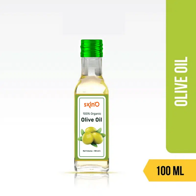 SkinO Organic Olive Oil 100ml amber glass bottle with pump dispenser, front view.