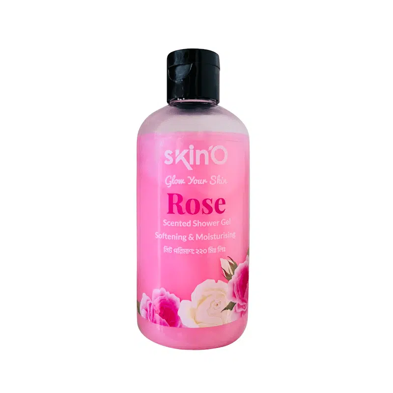 SkinO Rose Scented Shower Gel 220ml transparent bottle showing pink liquid and white pump.