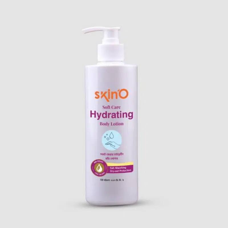 SkinO Soft Care Hydrating Body Lotion 220ml in a white pump bottle with a blue label.